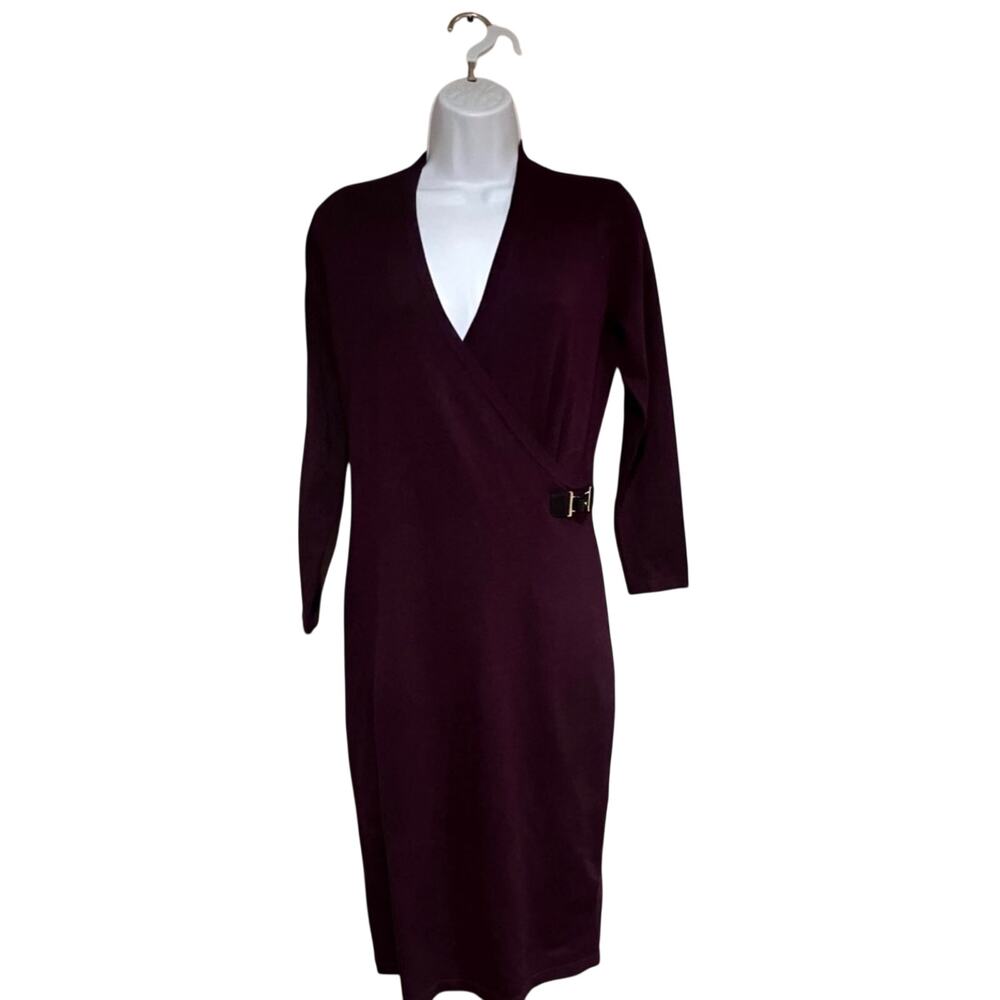 Calvin Klein Burgundy Faux Wrap Sheath Dress 3/4 Sleeve Size S Career Midi - Picture 2 of 7